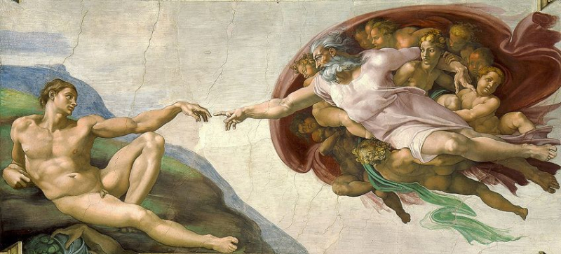 The Creation of Adam (c. 1511) by Michelangelo, one of the fresco paintings on the ceiling of the Sistine Chapel; Michelangelo, Public domain, via Wikimedia Commons