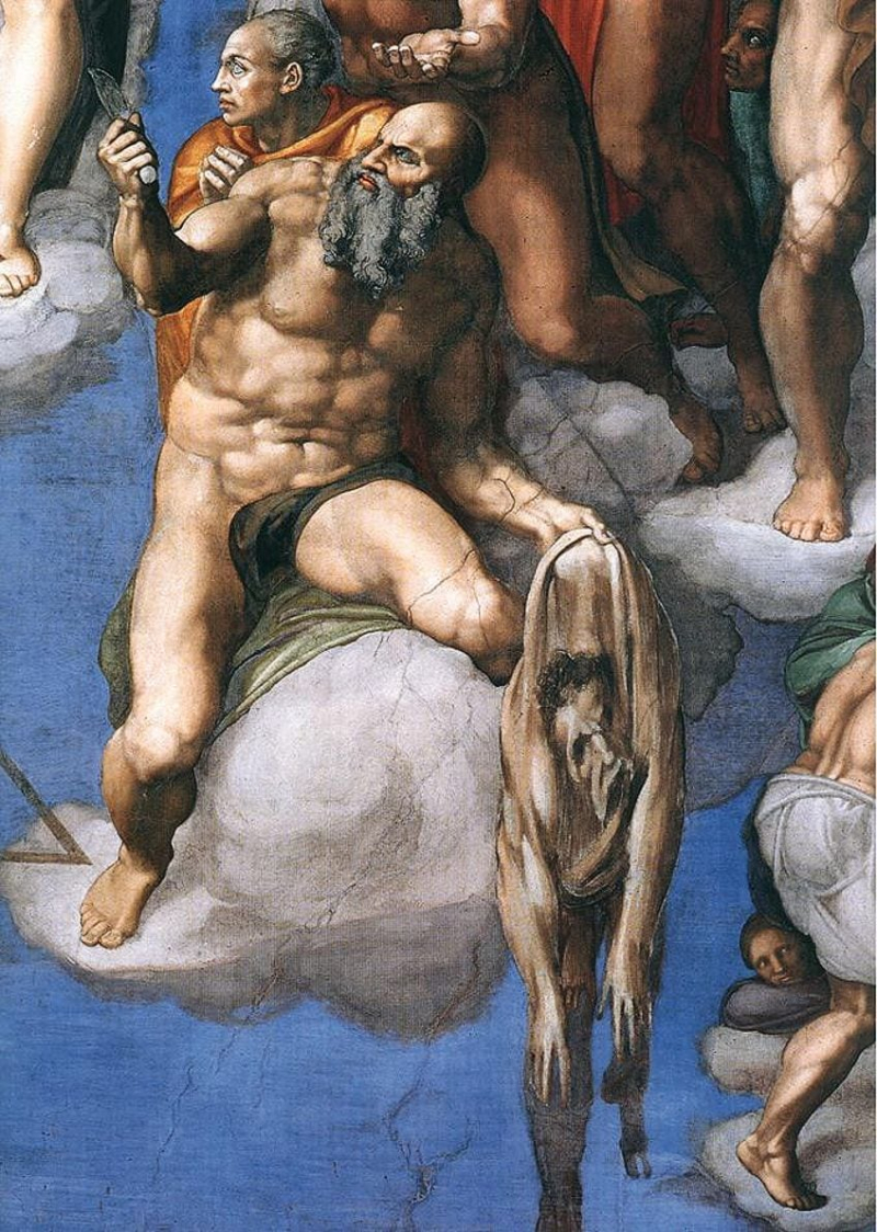 A detail of Michelangelo’s The Last Judgment (1536-1541), depicting a self-portrait of Michelangelo as Saint Bartholomew, holding his flayed skin; Michelangelo, Public domain, via Wikimedia Commons