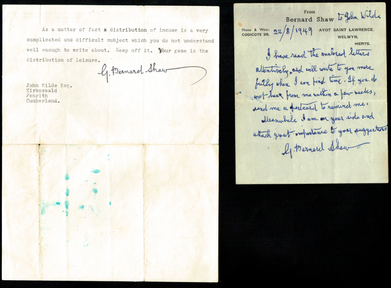 1949 (22 August) and 1950 (23 May) two letters from George Bernard Shaw. - Photo: https://www.whytes.ie/