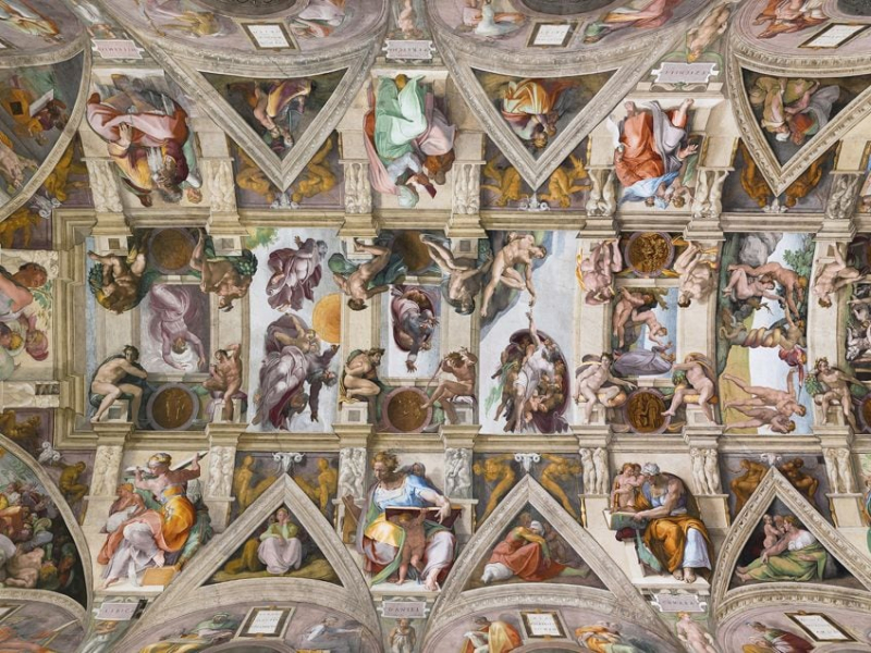 The ceiling of the Sistine Chapel; Sistine Chapel, CC BY 2.5, via Wikimedia Commons