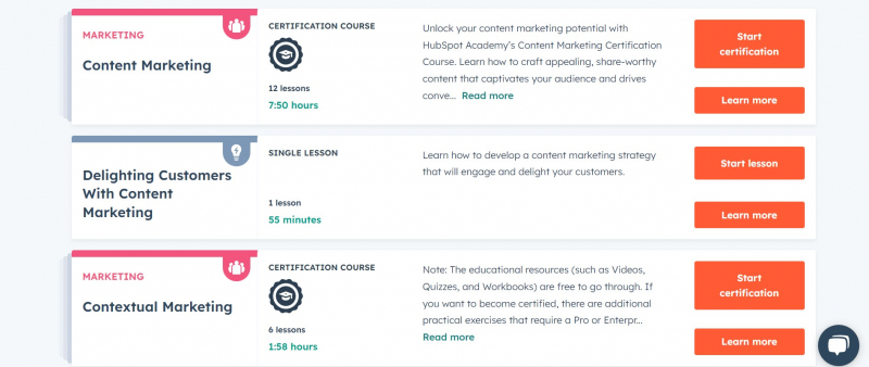 Screenshot of https://academy.hubspot.com/results?q=content%20marketing&library=true