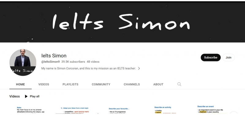 Screenshot of IELTS Simon Youtube channel