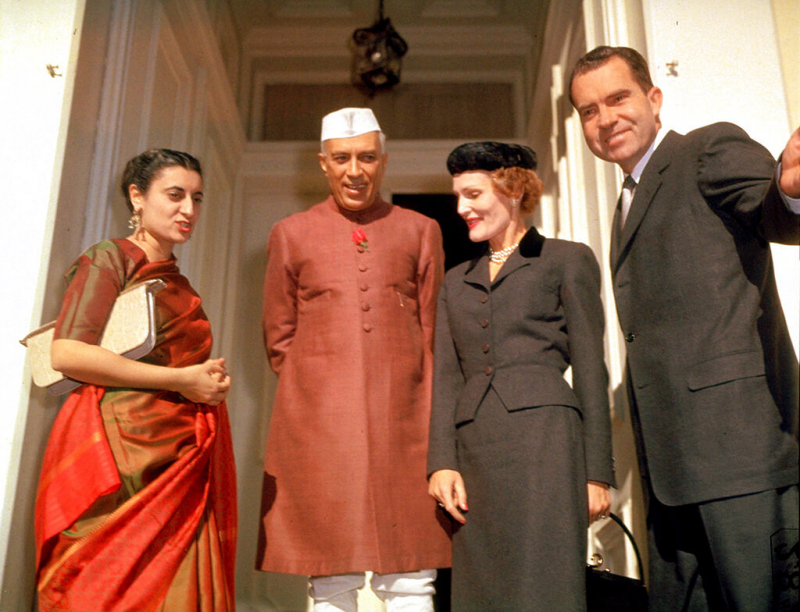 Jawaharlal Nehru, Prime Minister of India, and his daughter, Mrs. Indira Gandhi, pose with Vice-President and Pat Nixon on the steps of the White House during Nehru's state visit to the U.S., Dec. 18, 1956. Photo on Flickr