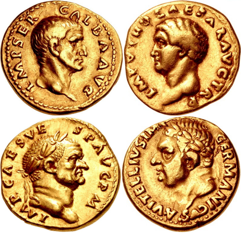 Aurei of the four Roman emperors of AD 69 includes Galba, Otho, Vitellius, Vespasian - Photo: wikipedia.org