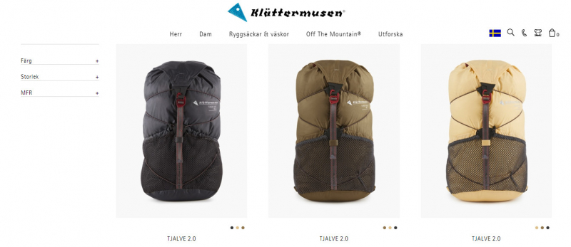Screenshot of https://www.klattermusen.com/sv/sok/?query=backpack