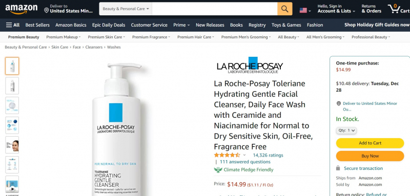 La Roche-Posay Toleriane Hydrating Gentle Facial Cleanser,https://www.amazon.com/