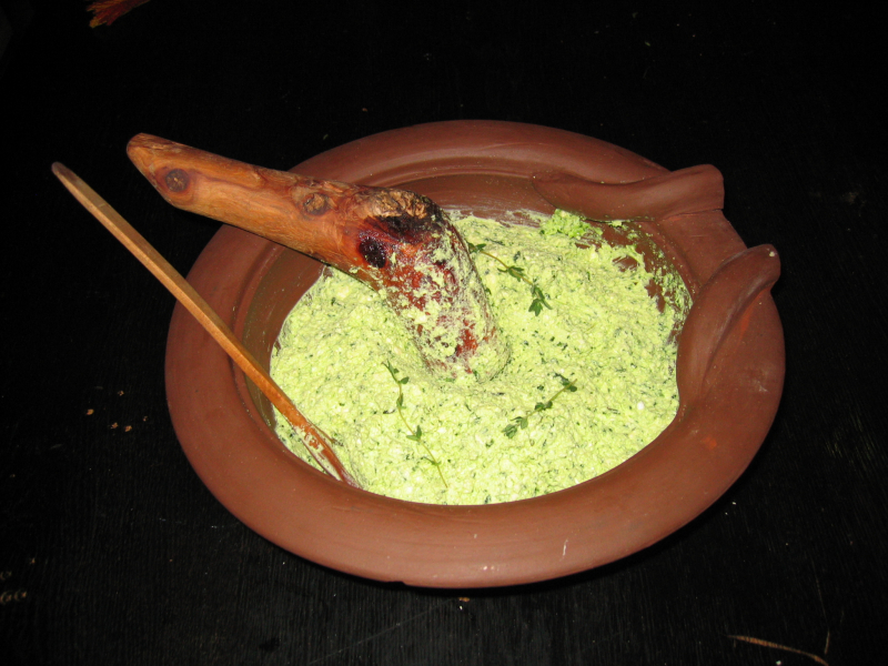 Moretum, a herb and cheese spread eaten with bread -en.wikipedia.org