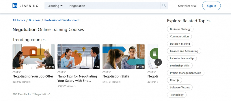 Screenshot of https://www.linkedin.com/learning/topics/negotiation