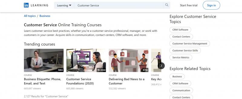 Screenshot of https://www.linkedin.com/learning/topics/customer-service-3