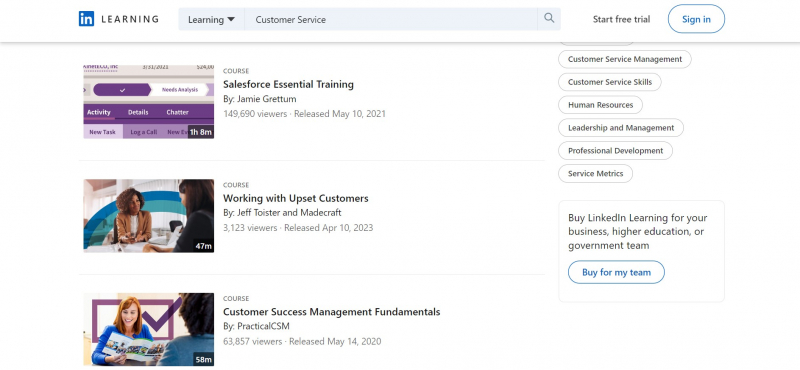 Screenshot of https://www.linkedin.com/learning/topics/customer-service-3