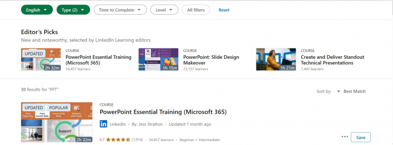 Screenshot of https://www.linkedin.com/learning/search?entityType=LEARNING_PATH~COURSE&keywords=PPT