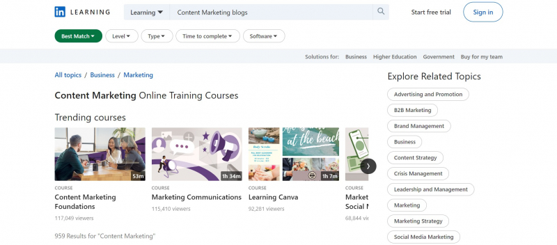 Screenshot of https://www.linkedin.com/learning/topics/content-marketing