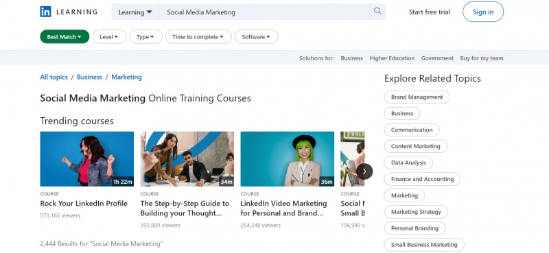 Screenshot of https://www.linkedin.com/learning/topics/social-media-marketing