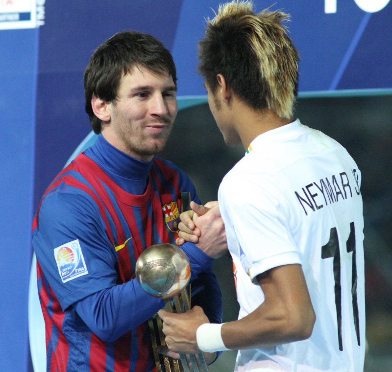 Messi (Golden Ball winner) pictured with Neymar (Bronze Ball winner) at the conclusion of the 2011 FIFA Club World Cup Final. Photo: wikipedia