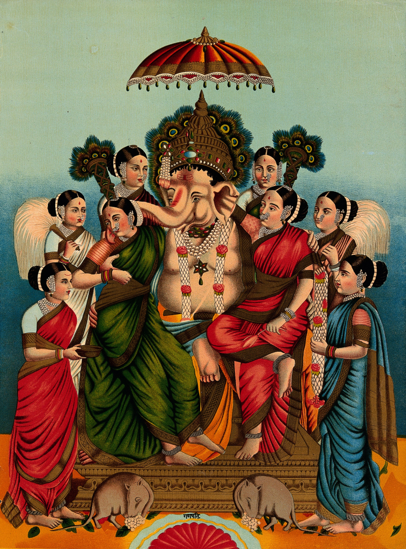 Ganesha and his two wives, Siddhi and Buddhi, surrounded by Wellcome - Photo on Wikimedia Commons (https://commons.wikimedia.org/wiki/File:Ganesha_and_his_two_wives,_Siddhi_and_Buddhi,_surrounded_by_Wellcome_V0045084.jpg)