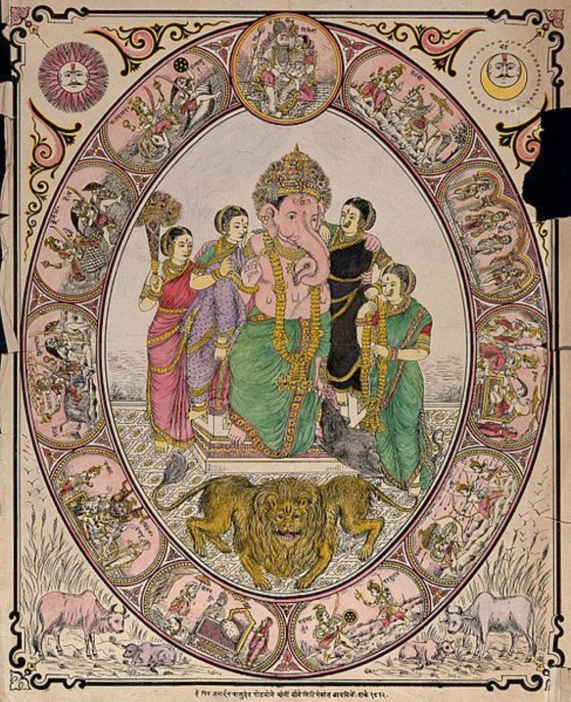Ganesha with his two wives and two female attendants, his ra Wellcome - Photo on Wikimedia Commons (https://commons.wikimedia.org/wiki/File:Ganesha_with_his_two_wives_and_two_female_attendants,_his_ra_Wellcome_V0044927.jpg)