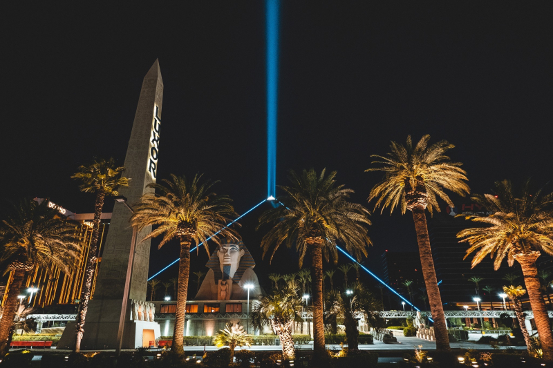Night view with blue light of the hotel. Photo: Luxor Hotel and Casino.