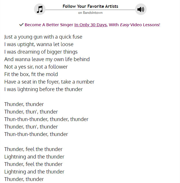 Screenshot of https://www.lyrics.com/lyric/35873912/Imagine+Dragons/Thunder+%5BNOW+64%5D