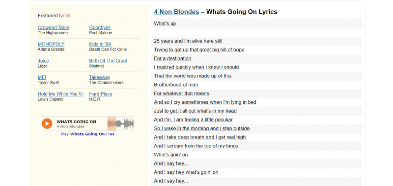 Screenshot of https://www.lyricsfreak.com/4/4+non+blondes/whats+going+on_20530610.html
