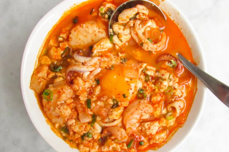 Spicy Soft Tofu Stew with Seafood (Via: Mealthy.com)