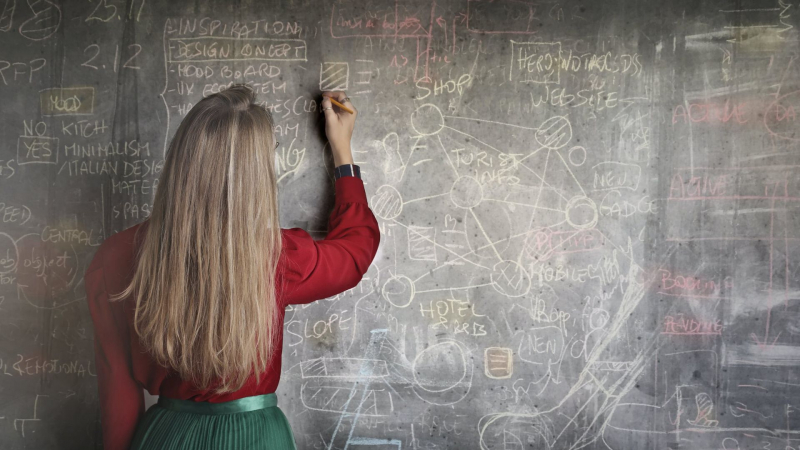 Photo by Andrea Piacquadio on Pexels https://www.pexels.com/photo/woman-in-red-long-sleeve-writing-on-chalk-board-3769714/