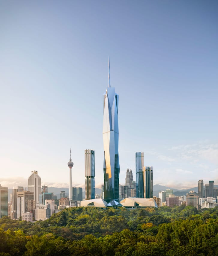 A digital rendering shows how the tower will look upon its completion in late 2022. Credit: Fender Katsalidis