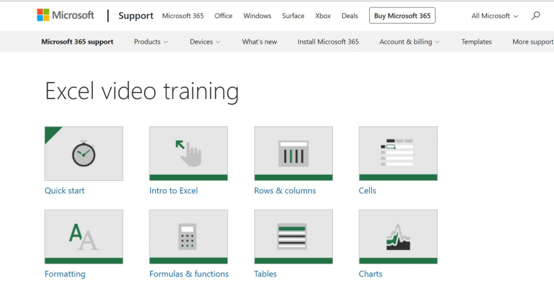 Screenshot of https://support.microsoft.com/en-us/office/excel-video-training-9bc05390-e94c-46af-a5b3-d7c22f6990bb