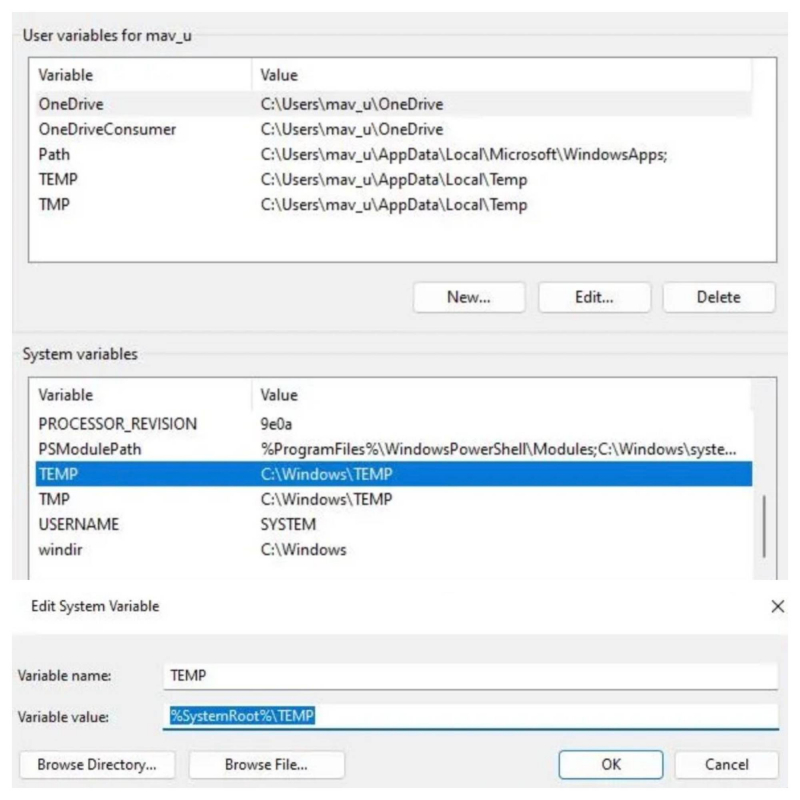 Modify TEMP and TMP Environment Variables