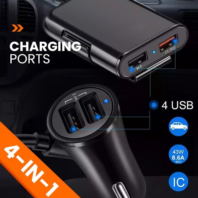 Monster Front Seat and Back Seat 4 Port USB Car Charger