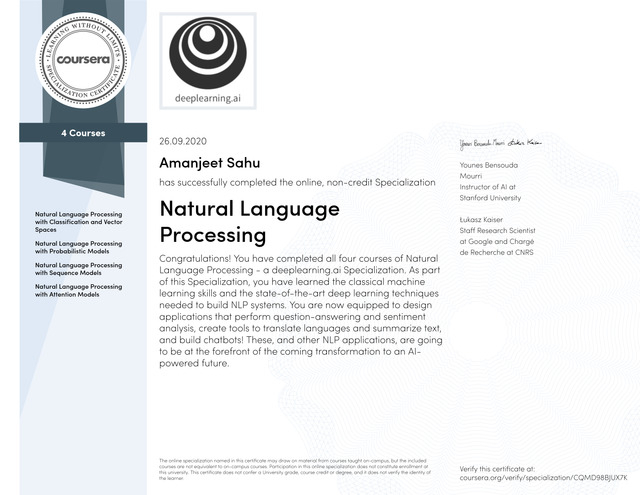 Natural Language Processing– Coursera