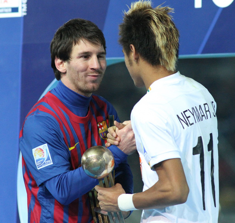 Neymar (right) greets future teammate Lionel Messi after the 2011 FIFA Club World Cup Final. As a teenager, Neymar was inspired by Messi. Photo: wikipedia