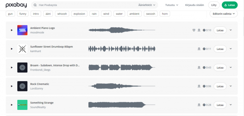 Screenshot of https://pixabay.com/fi/sound-effects/