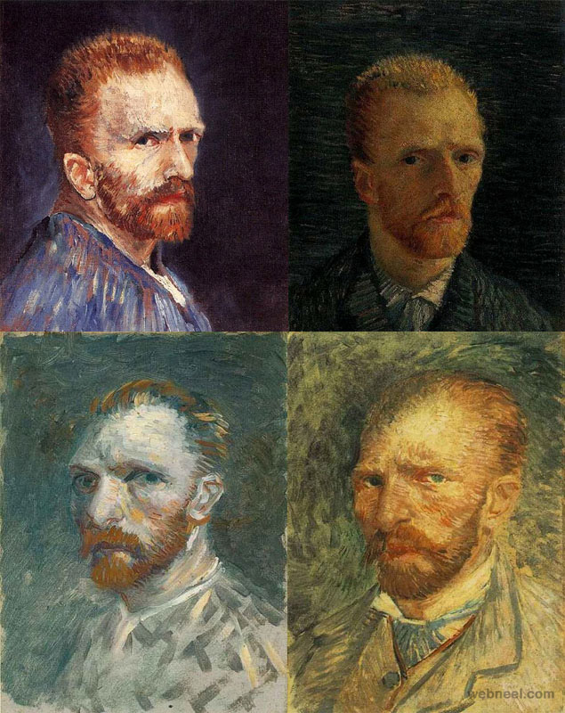 These self potraits were made by Vincent van Gogh. The first self-portrait by Van Gogh that survived, is dated 1886. These were sold by heirs of Jacques Koerfer in 1998 - webneel