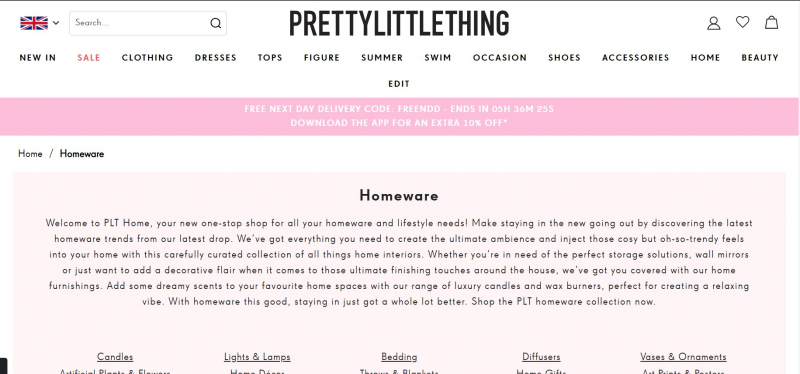 Screenshot of https://www.prettylittlething.com/homeware.html