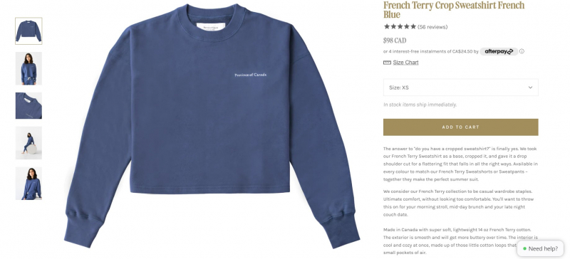 Screenshot of https://provinceofcanada.com/products/french-terry-crop-sweatshirt-french-blue