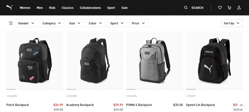 Screenshot of https://us.puma.com/us/en/search?q=Backpack
