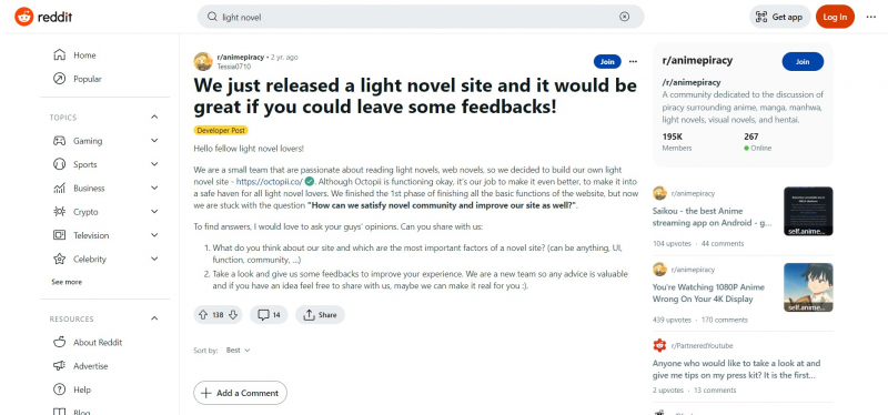 Screenshot of https://www.reddit.com/r/animepiracy/comments/puko9v/we_just_released_a_light_novel_site_and_it_would/