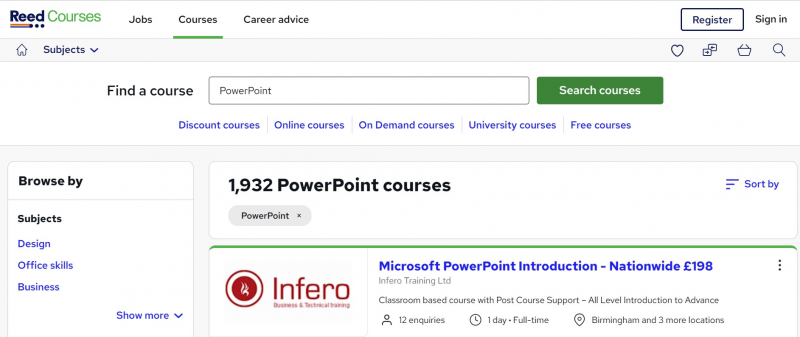 Screenshot of https://www.reed.co.uk/courses/?keywords=PowerPoint