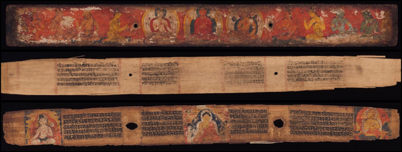 Photo on Wikimedia Commons (https://commons.wikimedia.org/wiki/File:10th-century_manuscript_of_2nd-3rd_century_Prajnaparamita_stotra,_Mahayana_Buddhism_text,_Sanskrit,_Pala-Bengali-Nepali_scripts.jpg)