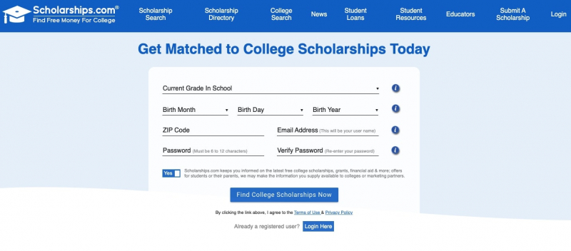 Screenshot via scholarships.com