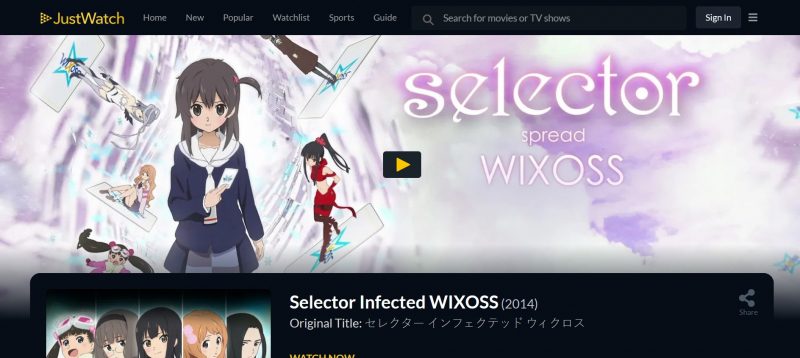 Screenshot of https://www.justwatch.com/us/tv-show/selector-infected-wixoss