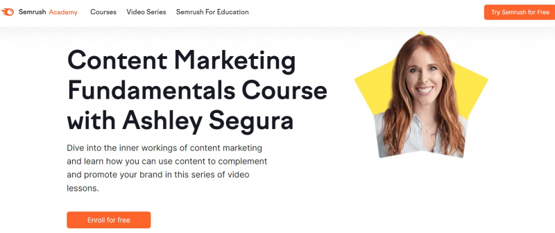 Screenshot of https://www.semrush.com/academy/courses/content-marketing-fundamentals-course-with-ashley-segura/