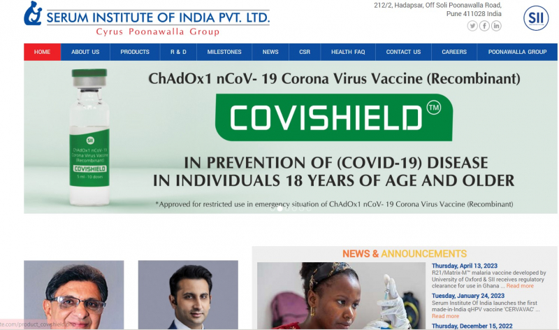 Screenshot of Serum Institute of India Private Limited website