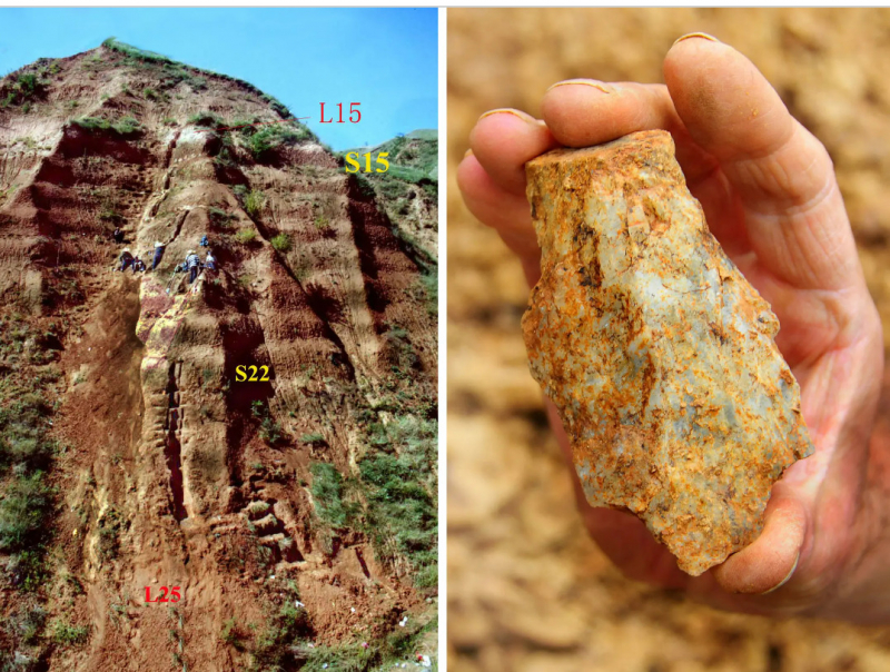 One of the 2.1 million-year-old artifacts, right, recovered from a gully in western China (left) suggest that hominins may have left Africa far earlier - Photo: nytimes.com