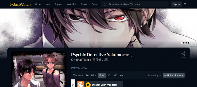 Screenshot of https://www.justwatch.com/us/tv-show/psychic-detective-yakumo