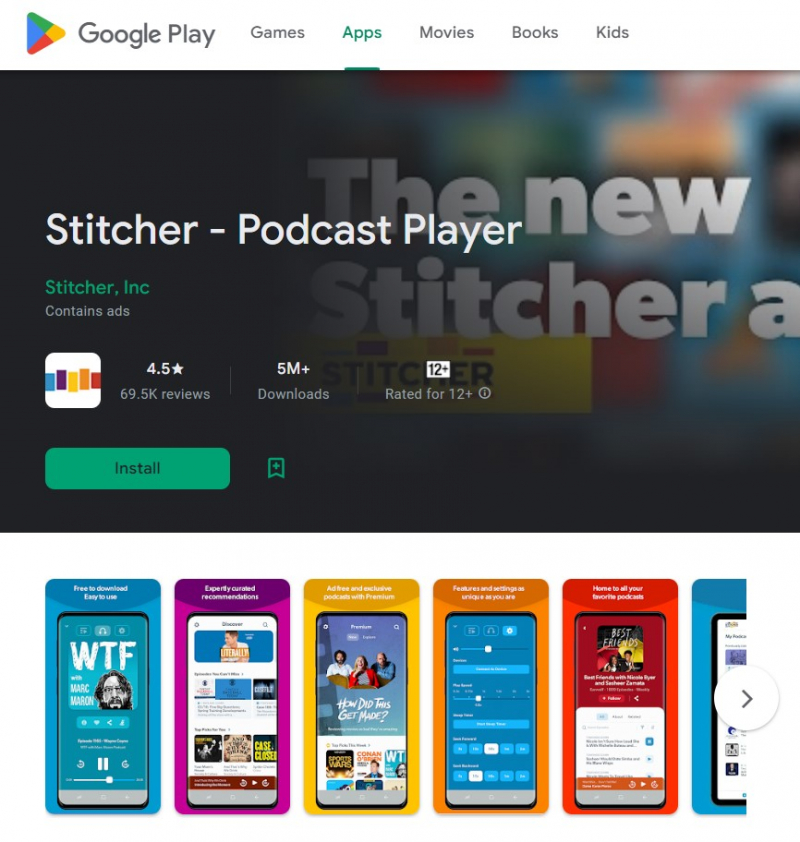 Screenshot of https://play.google.com/store/apps/details?id=com.stitcher.app&hl=en_US