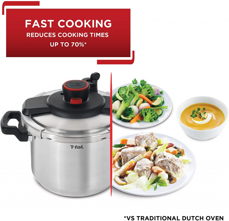 T-fal Pressure Cooker, Stainless Steel Cookware, 15-PSI Settings, 6.3-Quart