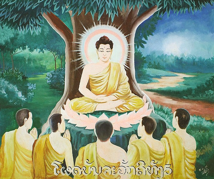 Photo on Wikimedia Commons (https://commons.wikimedia.org/wiki/File:Buddha_teaching_the_group_of_five.jpg)