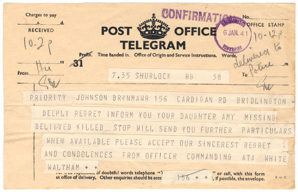 Official telegram notifying Amy Johnson’s parents of her death - www.thisdayinaviation.com