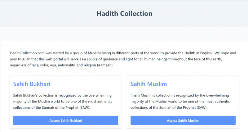 Screenshot of https://hadithcollection.com/